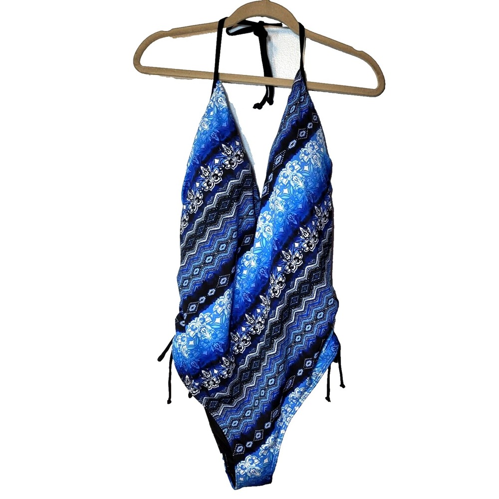 NWOT Swimsuit For All 1‎ Piece Halter Ruched Sides Blue Stripe Swimsuit Size 20